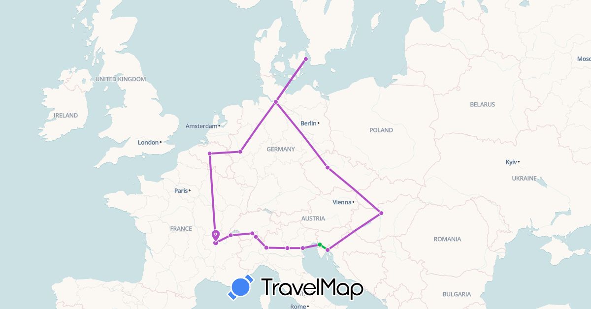 TravelMap itinerary: driving, bus, train in Belgium, Switzerland, Czech Republic, Germany, Denmark, France, Croatia, Hungary, Italy (Europe)
